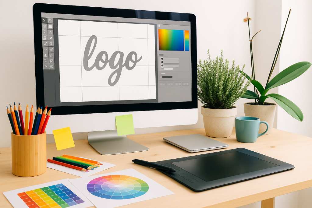 MK Folientechnik Logo Erstellung Modernes Büro von MK Folientechnik mit einem großen Schreibtisch, einem Computer und verschiedenen Büromaterialien. Große Fenster lassen viel Tageslicht herein, und die Wände sind mit dekorativen Folien beklebt, die das Firmenlogo und grafische Muster zeigen.